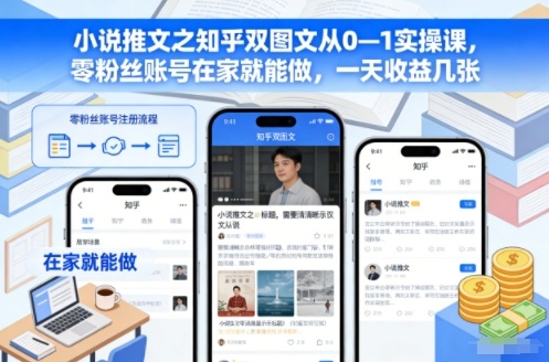 小说推文之知乎双图文从0—1实操课，零粉丝账号在家就能做，一天收益几张-聚星云网创