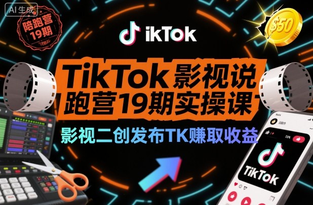 TikTok影视解说陪跑营19期实操课，影视二创发布TK賺取收益，万播收益50美金(更新)-聚星云网创