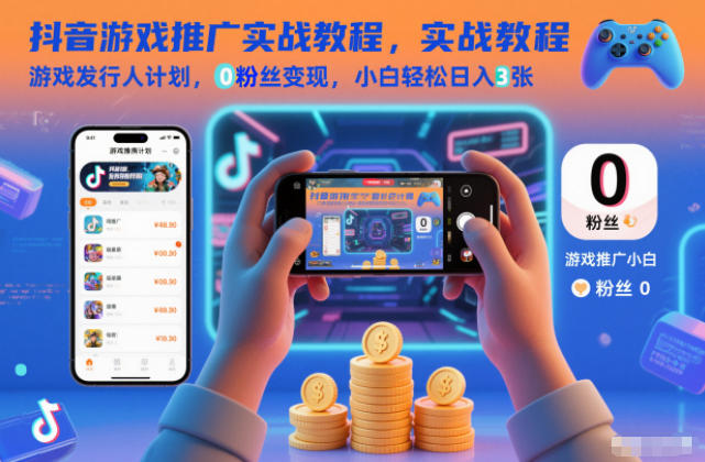 抖音游戏推广实战教程，游戏发行人计划，0粉丝变现，小白轻松日入3张-聚星云网创