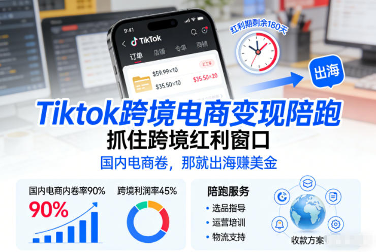 Tiktok跨境电商变现陪跑，抓住跨境红利窗口，国内电商卷，那就出海賺美金-聚星云网创