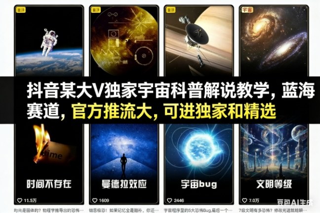 抖音某大V独家宇宙科普解说教学，蓝海赛道，官方推流大，可进独家和精选-聚星云网创