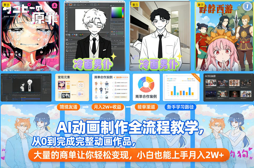 AI动画制作全流程教学，从0到完成完整动画作品，大量的商单让你轻松变现，小白也能上手月入2W+-聚星云网创