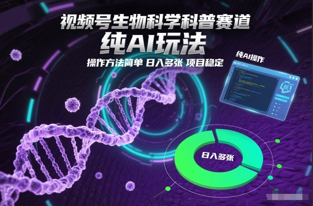 视频号生物科学科普赛道，纯AI玩法，操作方法简单，日入多张，项目稳定-聚星云网创