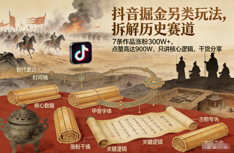 抖音掘金另类玩法，拆解历史赛道，7条作品涨粉300W+，点赞量高达900W，只讲核心逻辑，干货分享-聚星云网创