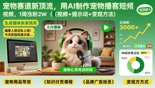 宠物赛道新顶流，用AI制作宠物播客短视频，1周涨粉2W(视频+提示词+变现方法)-聚星云网创