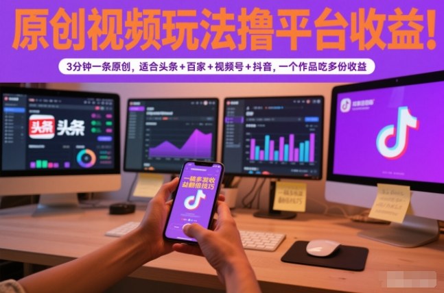 原创视频玩法撸平台收益，3分钟一条原创，适合头条+百家+视频号+抖音，一个作品吃多份收益-聚星云网创