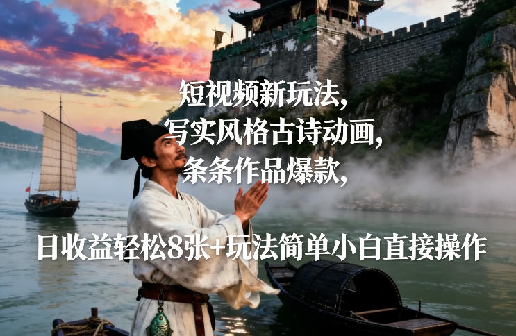 短视频新玩法，写实风格古诗动画，条条作品爆款，日收益轻松8张+玩法简单小白直接操作-聚星云网创