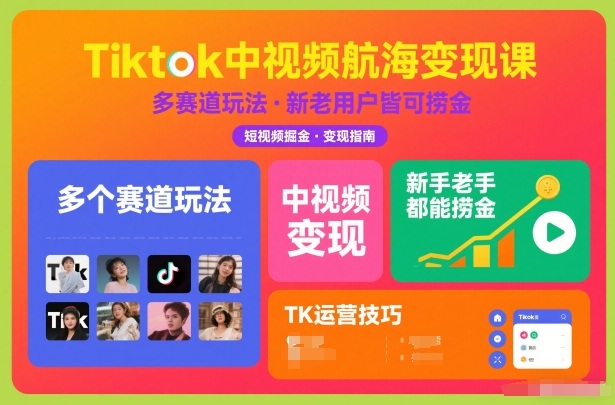 Tiktok中视频航海变现课，多个赛道玩法，新手老手都能在TK中视频捞金-聚星云网创