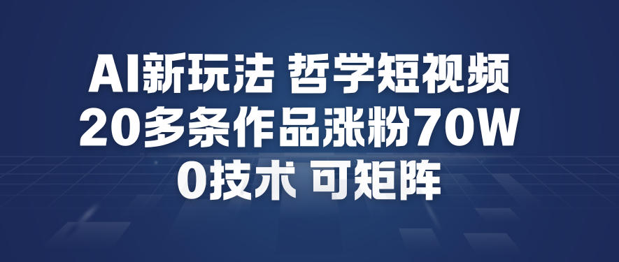 AI新玩法哲学短视频制作教学，20多条作品涨粉70W，0成本赛道，可矩阵-聚星云网创