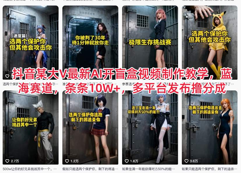 抖音某大V最新AI开盲盒视频制作教学，蓝海赛道，条条10W+，多平台发布撸分成-聚星云网创