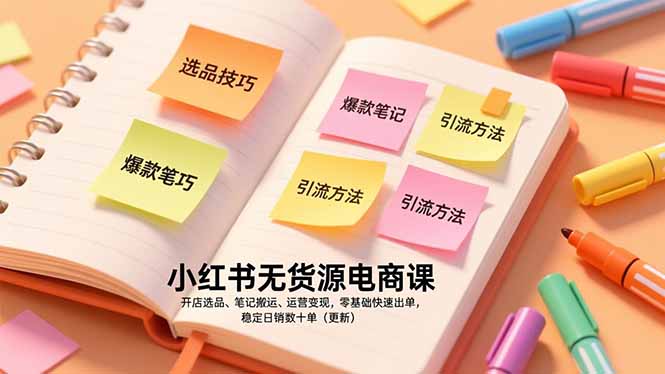 小红书无货源电商课，开店选品、笔记搬运、运营变现，零基础快速出单，稳定日销数十单(更新-聚星云网创